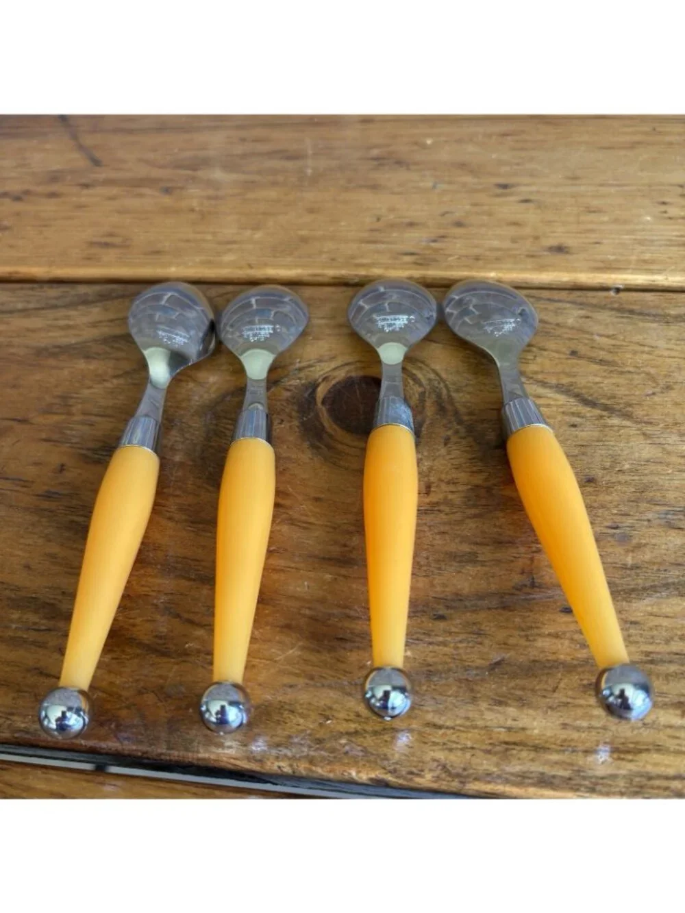 4 Spoons Cambridge Carnival MCM Butterscotch Yellow Orange Plastic Handles 6.5”